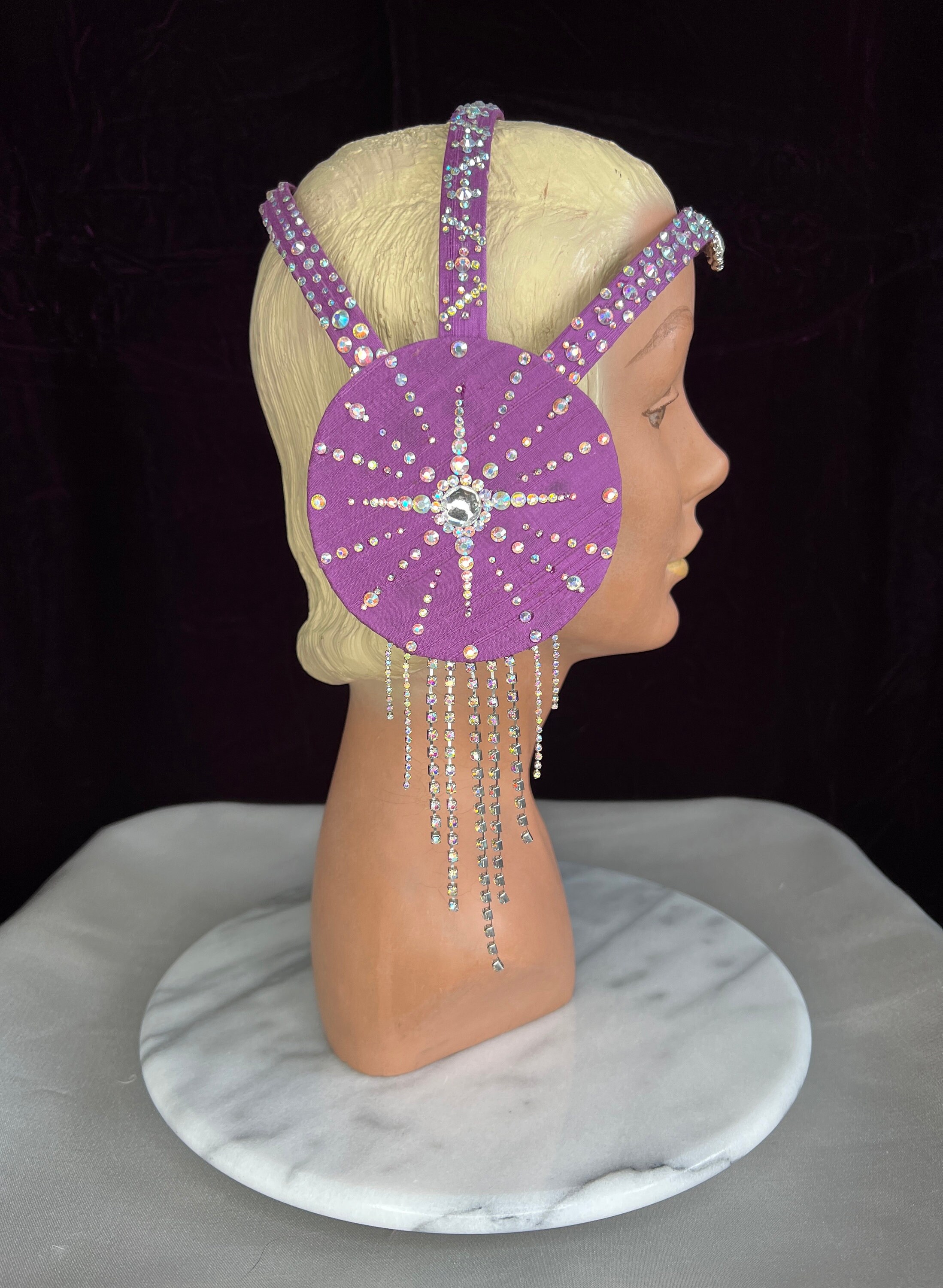 Jeweled Purple Starburst 1920s Style Headpiece // Aurora Borealis Rhinestone Fringe Vintage Inspired Dupioni Silk Showgirl Headband Crown