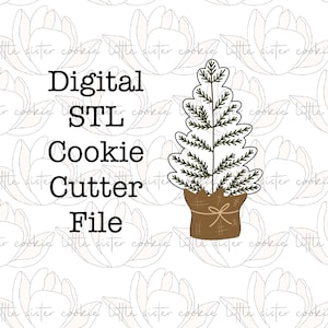 Puede incluir: Archivo de cortador de galletas STL digital para un árbol de Navidad en maceta. El árbol es verde y la maceta es marrón con un lazo de cuerda.