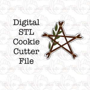 May include: Digital STL cookie cutter file for a five-pointed star with a leafy branch design. The star is brown and the leaves are green.