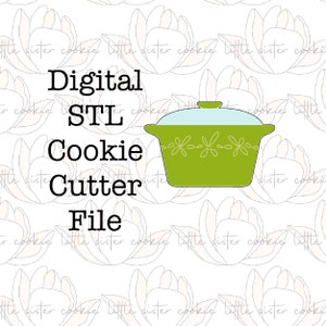 May include: Digital STL cookie cutter file for a green casserole dish with a light blue lid and white floral design.