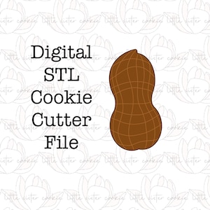 Puede incluir: Archivo de cortador de galletas STL digital para hacer galletas con forma de cacahuete. El archivo se muestra con un cortador de galletas con forma de cacahuete marrón.