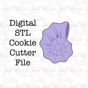 May include: Digital STL cookie cutter file for a purple seashell with a spiral design and white dots.