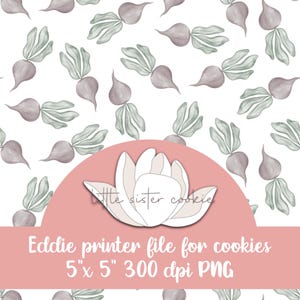 May include: A digital download of a 5 inch by 5 inch 300 dpi PNG cookie cutter design featuring a stylized white flower with a pink background. The design is surrounded by a pattern of small, gray beets with green leaves.