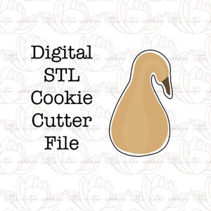 May include: Digital STL cookie cutter file for a goose shaped cookie cutter. The cutter is brown and outlined in black.