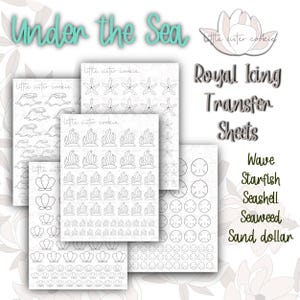 May include: A set of five printable sheets of under the sea themed royal icing transfer designs. The designs include waves, starfish, seashells, seaweed, and sand dollars.