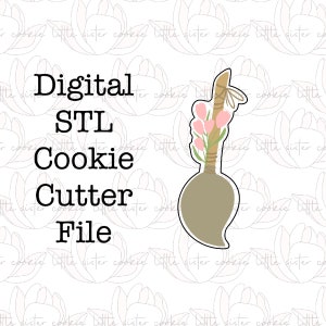 Può includere: File di cutter per biscotti STL digitale per un design floreale. Il cutter ha la forma di una scopa con un mazzo di fiori rosa legati con spago.