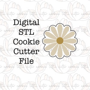May include: Digital STL cookie cutter file for a daisy flower. The cutter is beige with a brown center.