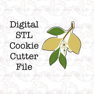Könnte beinhalten: Digitale STL-Datei für einen Keksausstecher mit einem Zitronenzweig mit gelben Zitronen, grünen Blättern und weißen Blüten. Das Design ist schwarz umrandet und vor einem weißen Hintergrund mit floralem Muster.
