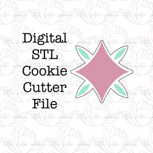 May include: Digital STL cookie cutter file for a star-shaped cookie cutter with a pink centre and teal points.
