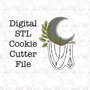 Puede incluir: Archivo digital de cortador de galletas STL con un diseño de media luna con una rama y hebras de cuentas colgantes. El texto "Digital STL Cookie Cutter File" se muestra en negro, con un fondo floral.