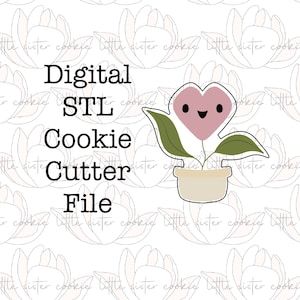 Puede incluir: Archivo de cortador de galletas STL digital para una planta con una flor en forma de corazón. La flor es rosa con una cara feliz y la maceta es beige.