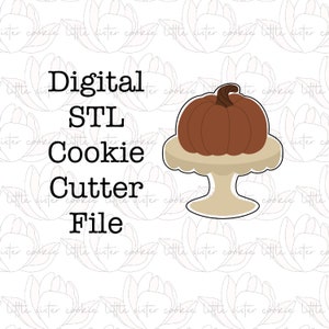 May include: Digital STL cookie cutter file for a pumpkin on a pedestal. The pumpkin is brown and the pedestal is beige.