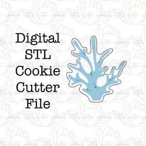 May include: Digital STL file for a cookie cutter shaped like a blue seaweed or coral. The text "Digital STL Cookie Cutter File" is written in black on a white background.