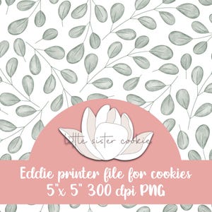 Könnte beinhalten: Ein digitales Ausstecher-Design mit einer weißen Blume mit fünf Blütenblättern auf einem Hintergrund aus grauen Blättern. Das Design ist 5 Zoll mal 5 Zoll groß und hat 300 dpi.