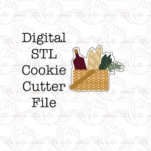 Könnte beinhalten: Digitale STL-Keksschablone für einen Picknickkorb mit einer Weinflasche, Brot und Grün.