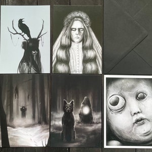 Set van 5 ansichtkaarten - donkere fantasie - kleine kunstafdrukken - alle gelegenheidskaarten