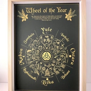 Wheel of the Year, dark green art print, wiccan calendar, sabbats, celtic decor, wiccan gifts