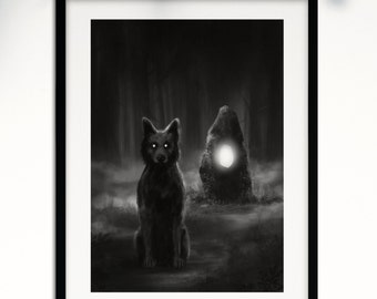 The Wolf and the Place of Power - illustration - dark forest aesthetic - fine art print