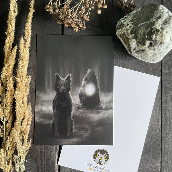 Wolf print, dark forest postcard, witch aesthetic, dark aesthetic, witchy gift