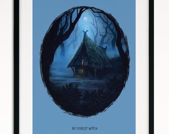 Forest Witch Hut art print - enchanted cottage painting - folk magic