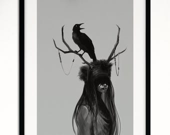 Forest Witch fine art print - decor of a pagan home - illustration of a Crow - Dark Forest Aesthetic