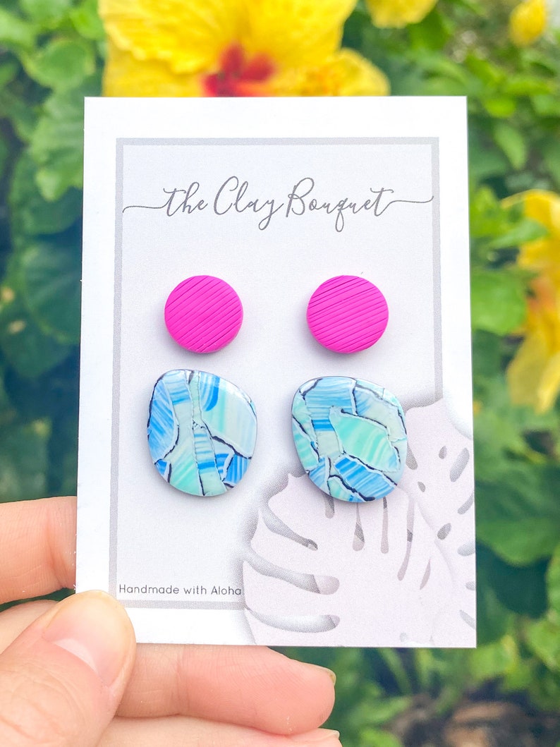 Studs pack 2 pairs lightweight clay earrings handmade with love summer gift for her stripes slow made clay jewelry