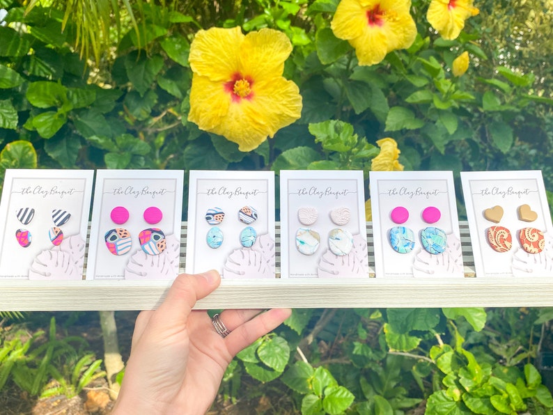 Studs pack 2 pairs lightweight clay earrings handmade with love summer gift for her stripes slow made clay jewelry