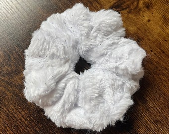 White with Silver Sparkles Fluffy Scrunchie