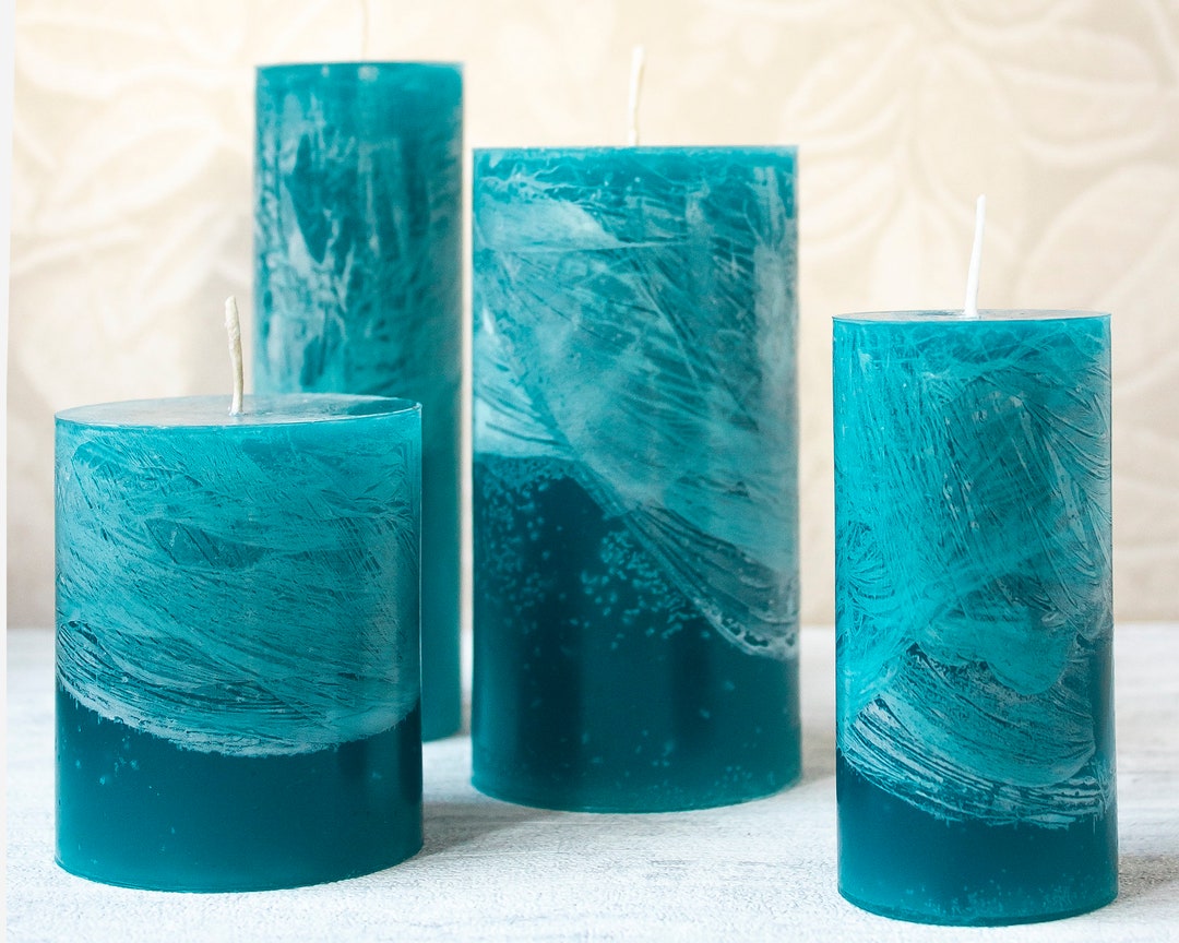 Turquoise Pillar Candles Unscented Holiday Handcrafted. Unique