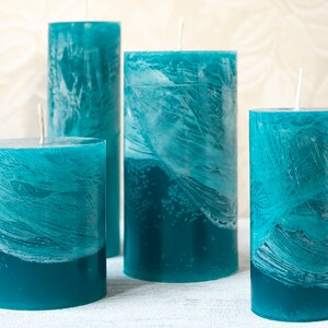 Turquoise pillar candles unscented holiday hand-crafted. Unique decorative candles.