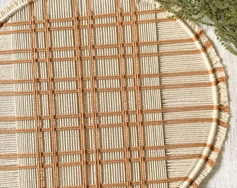 Tan and Cream Plaid Woven Wall Hanging | Modern Farmhouse Style | Handwoven | 19 inch | Neutral Fiber Art | Stripes | Checks