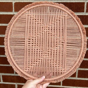 Blush Woven Hanging | Modern Fiber Art | 12 Inch Hoop | Light Rust | Trendy Wall Piece | Perfect above any Entryway table | Diamond Shape |