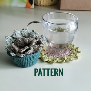 Virkat underläggsmönster, enkelt virkmönster för suckulentväxter, virkat underläggsmönster för blommor, virkat underläggsmönster för lövunderlägg i kruka, virkat tillbehörsmönster