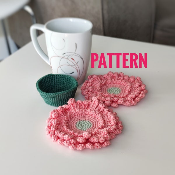 Flower coaster pattern, Gerbera crochet coaster set in pot pattern, do it yourself for home decor, Beginner crochet, Easy crochet tutorial