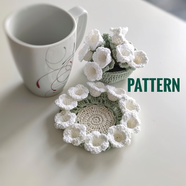 Modèle de sous-verre de muguet au crochet, modèle de panier de fleurs à faire vous-même pour la décoration d'intérieur, crochet pour débutant et tutoriel de crochet facile