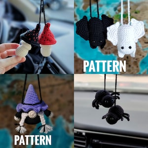 Halloween crochet pattern, Bat crochet pattern, Do it yourself, crochet car charm pattern, crochet car hanger pattern, Mushroom Spider Gnome