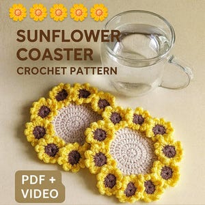 Padrão de crochê para porta-copos de girassol em PDF + vídeo – Tutorial fácil para tapete floral – Decoração de mesa Cottagecore, padrão de crochê para iniciantes
