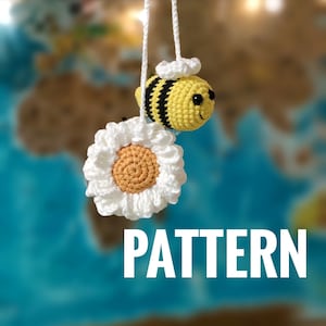 Easy crochet PATTERN. Bee and Daisy for car accessory. PDF beginner crochet amigurumi tutorial,Easy to follow bee decor, Ukraine digital