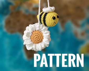 Easy crochet PATTERN. Bee and Daisy for car accessory. PDF beginner crochet amigurumi tutorial,Easy to follow bee decor, Ukraine digital