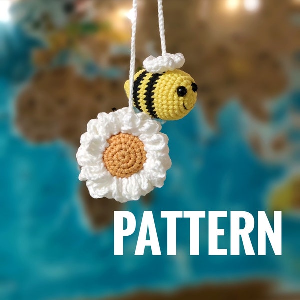 Easy crochet PATTERN. Bee and Daisy for car accessory. PDF beginner crochet amigurumi tutorial,Easy to follow bee decor, Ukraine digital