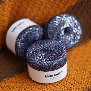 Paillettes yarn, Dark blue with silver sparkle yarn, Shimmering yarn, yarn with blue paillettes, Decorative tiny sequins for knitting