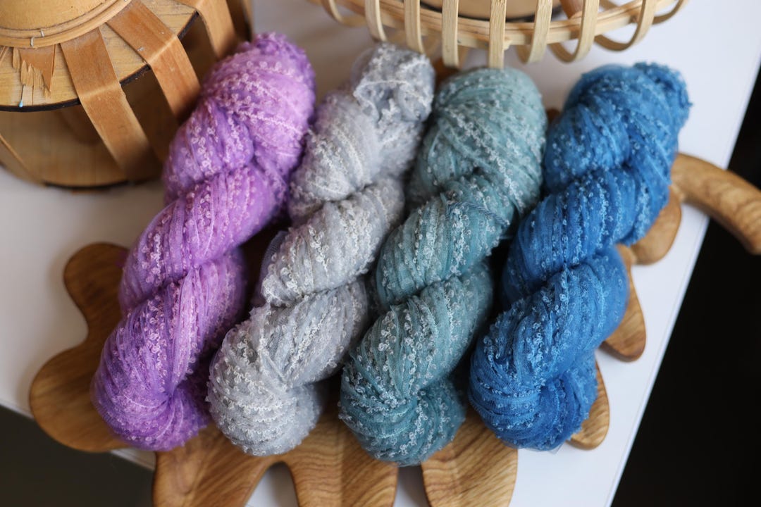 Hand Dyed Sky Ribbon Yarn, Blue Boucle Ribbon, Bright Decor Yarn, Art ...