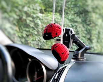 Ladybug car accessories, Girly car decor, Cute car accessory, Tiny crochet ladybug rear view mirror hanging, Car interior, Car charm