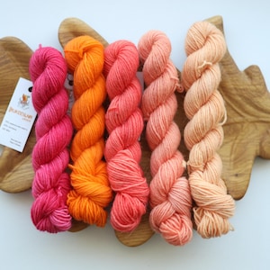 May include: Five skeins of yarn arranged in a gradient from hot pink to light peach. The yarn is twisted into hanks and features a white rectangular tag with the text "BURDULAIR" and "HAND DYED YARN" attached to the leftmost pink skein.