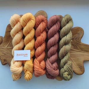 May include: Five skeins of yarn arranged in a row, featuring a gradient of colours from light yellow to golden yellow, orange, muted reddish-brown, and olive green. A small white rectangular tag with the text RUKODILNA LAVKA is placed on the yarn.