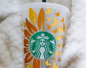 Sunflower Butterfly Personalized Starbucks Reusable Venti Cold Cup