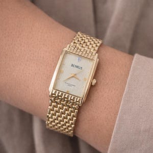 Vintage Benrus Diamond Quartz Watch – Gold Tone Rectangular Ladies Watch, Elegant Dress Watch, Genuine Diamond Dial