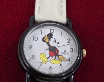 Vintage Lorus Mickey Mouse Watch | Disney Character Watch | White Leather Strap | Quartz Watch | Running Condition