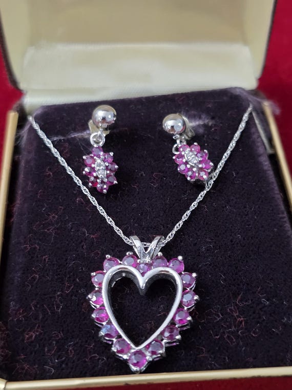 14K Solid Gold Ruby Heart Necklace and Earrings S… - image 16