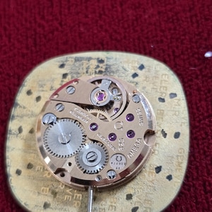 Pu&ograve; includere: Primo piano di un movimento di orologio Omega vintage. Il meccanismo dorato presenta ingranaggi intricati, gioielli e il logo Omega. Il movimento dell'orologio &egrave; montato su una base dorata con testo sui bordi. Lo sfondo &egrave; un tessuto rosso scuro.